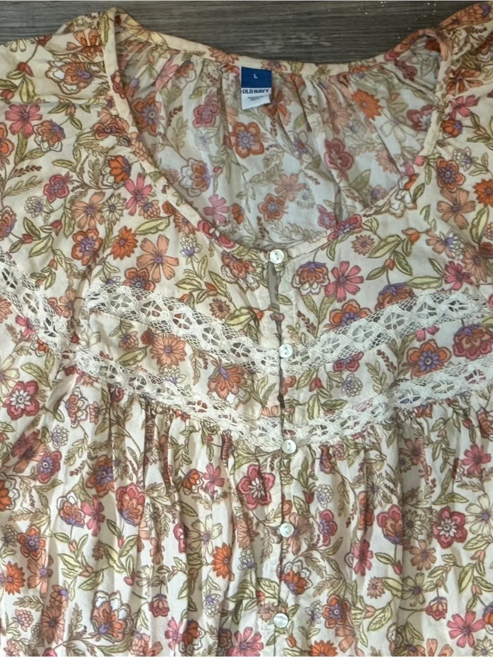 Old Navy Floral Lace-Trim Button-Front Blouse Puff Sleeves - White/Pink/Green